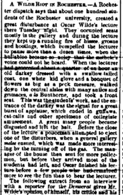 Newspaper report Utica Weekly Herald, February 14, 1882. Oscar Wilde lecture