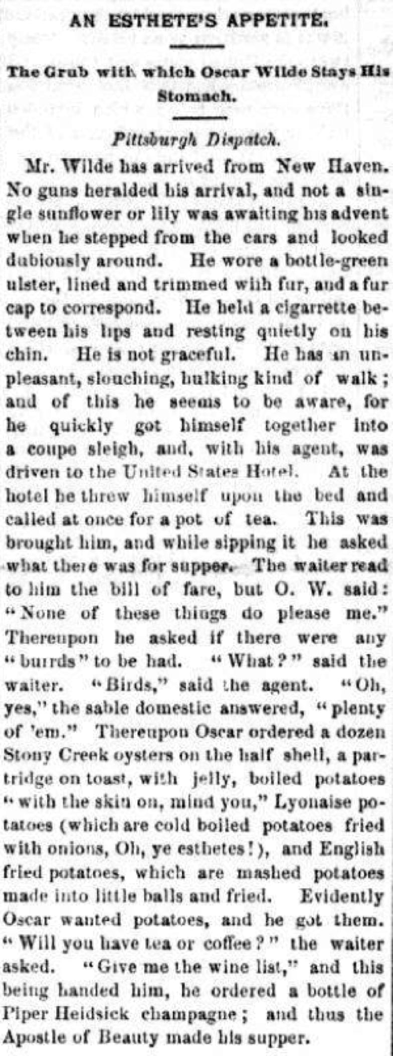 An Esthete's Appetite, The New North-West, Deerfield, MT, March 10, 1882. Oscar Wilde 