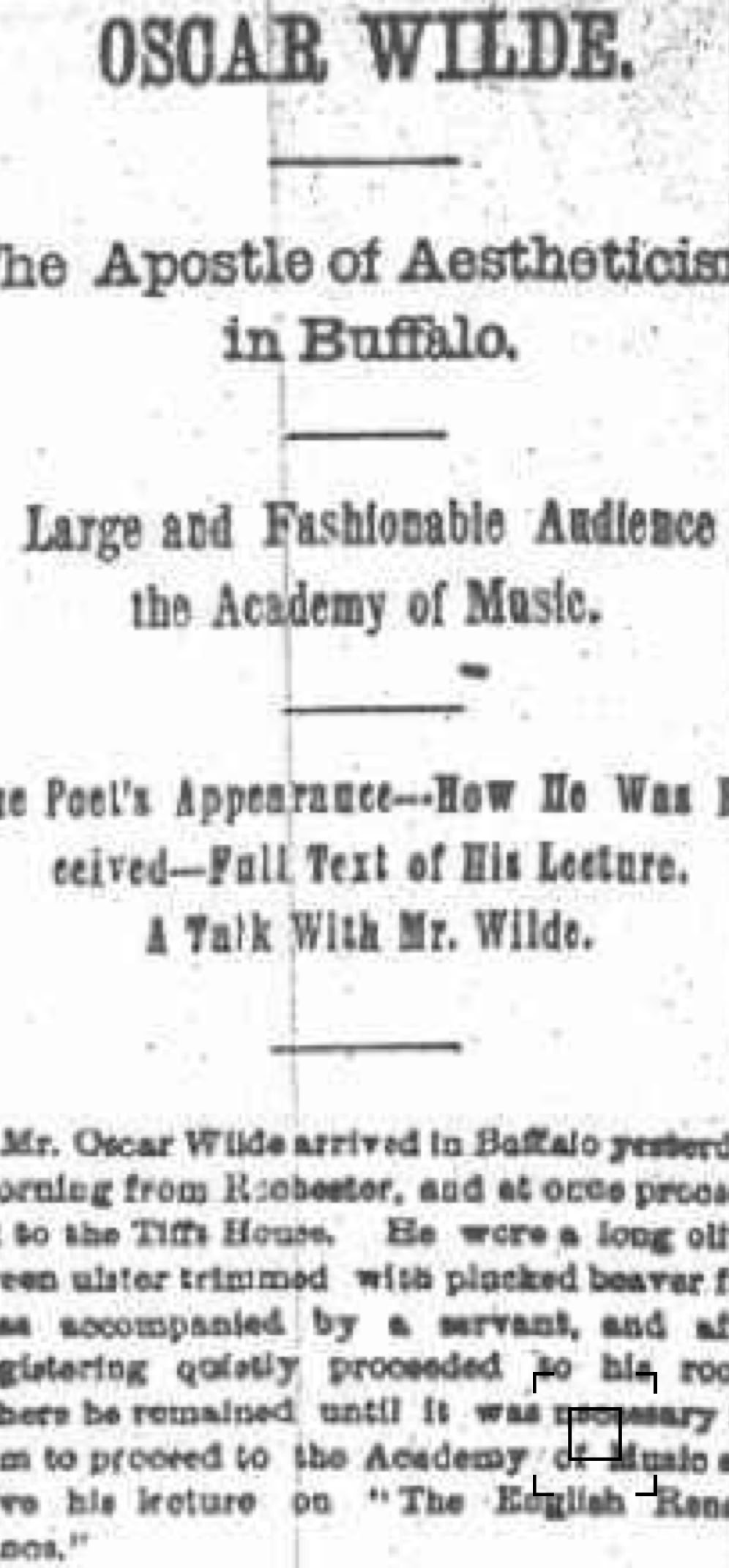 Newspaper report Buffalo Courier, February 9th, 1882. Oscar Wilde lecture