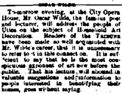Newspaper report Utica Sunday Tribune, February 5, 1882. Oscar Wilde lecture