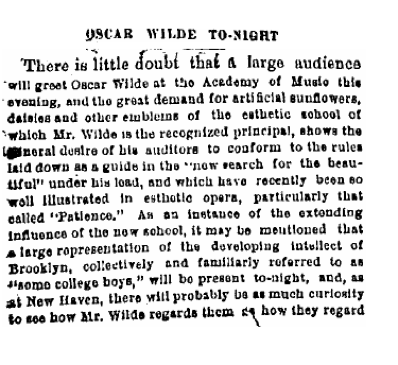Brooklyn Daily Eagle, Feb 4, 1882. Oscar Wilde lecture