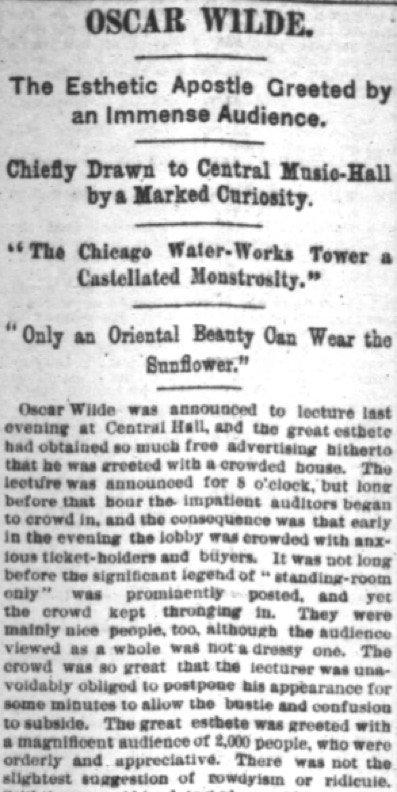 Newspaper report The Chicago Tribune, Feb 14, 1882. Oscar Wilde lecture