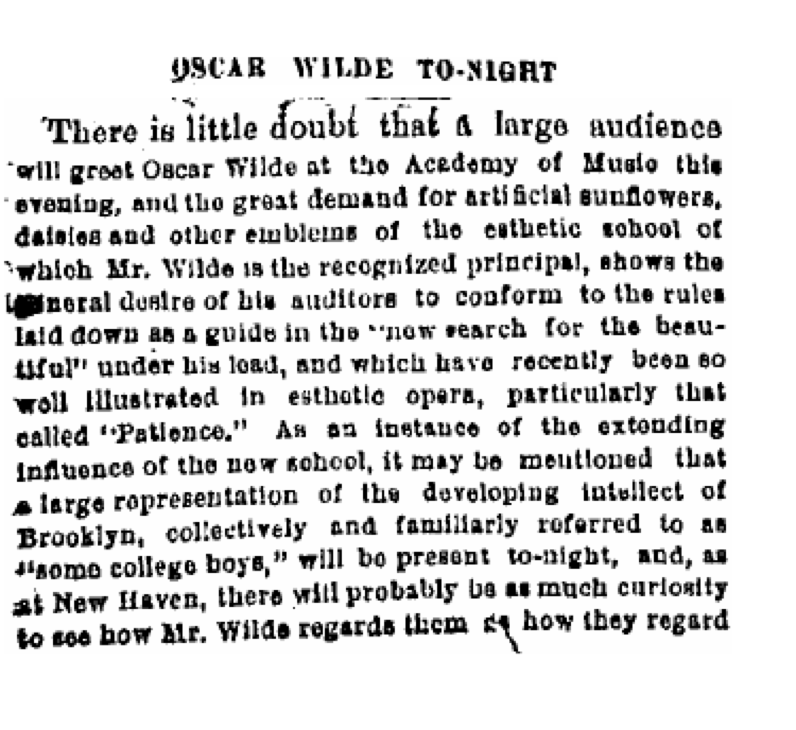 Newspaper report Brooklyn Daily Eagle, Feb 4, 1882. Oscar Wilde lecture