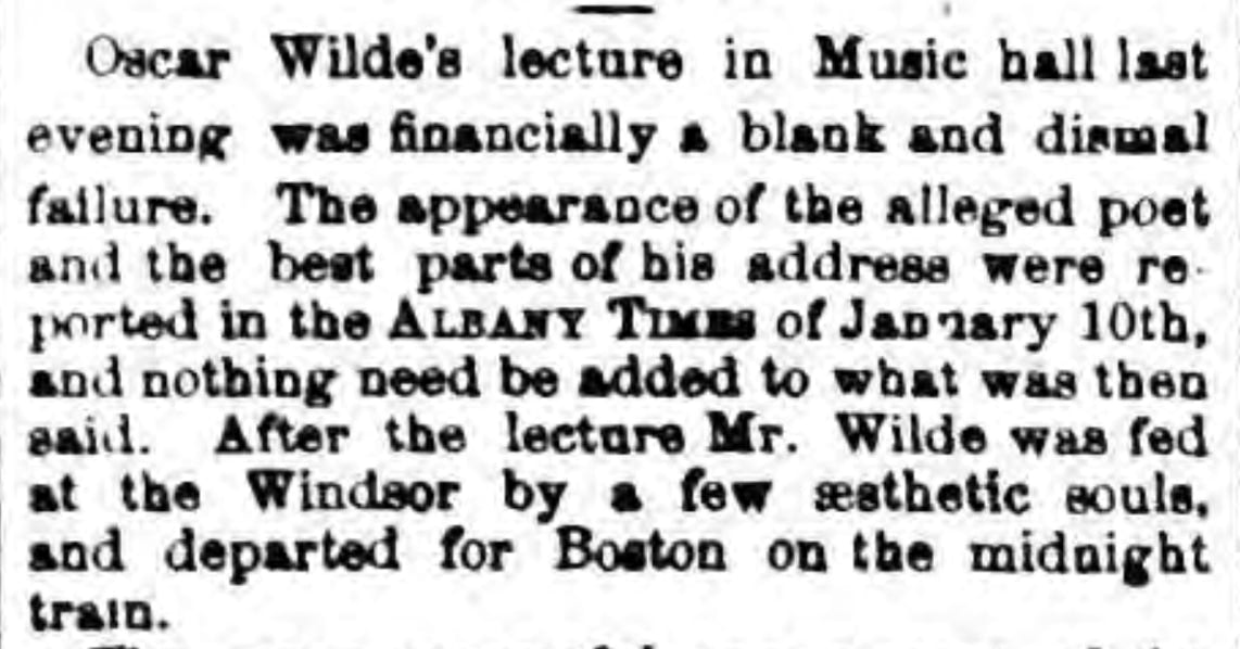 The Albany Times, January 28, 1882. Oscar Wilde lecture