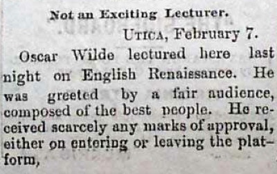 Newspaper report Reno Evening Gazette, February 7, 1882. Oscar Wilde lecture